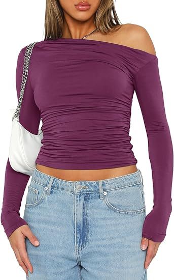 Sexy One Shoulder Ruched Long Sleeve Crop Top