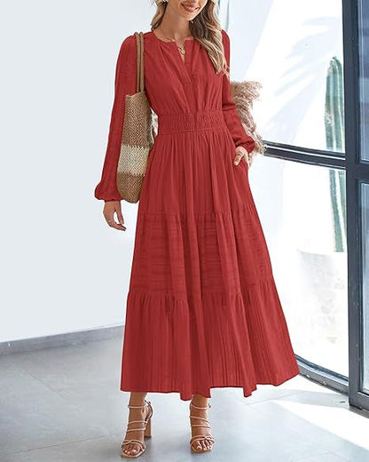 Women's V-Neck Long Sleeve Tiered Maxi Smocked Cotton Dress