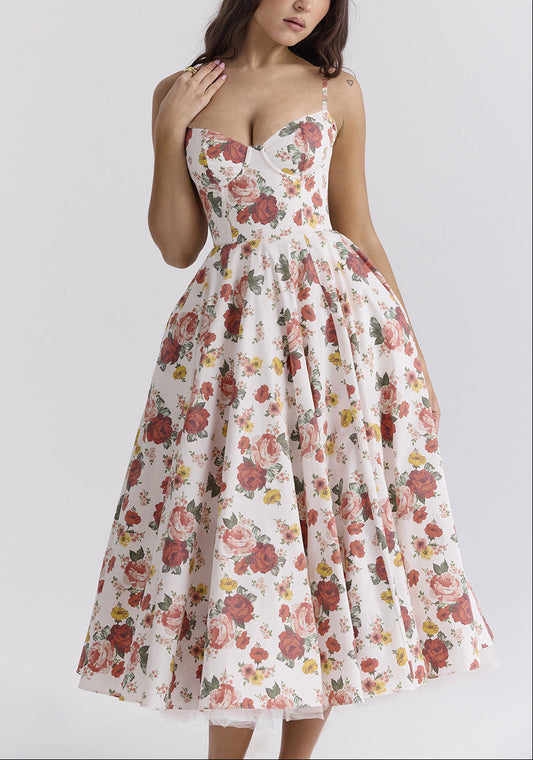 Vintage Floral Corset Midi Dress Cottagecore Fall Wedding Guest Dress