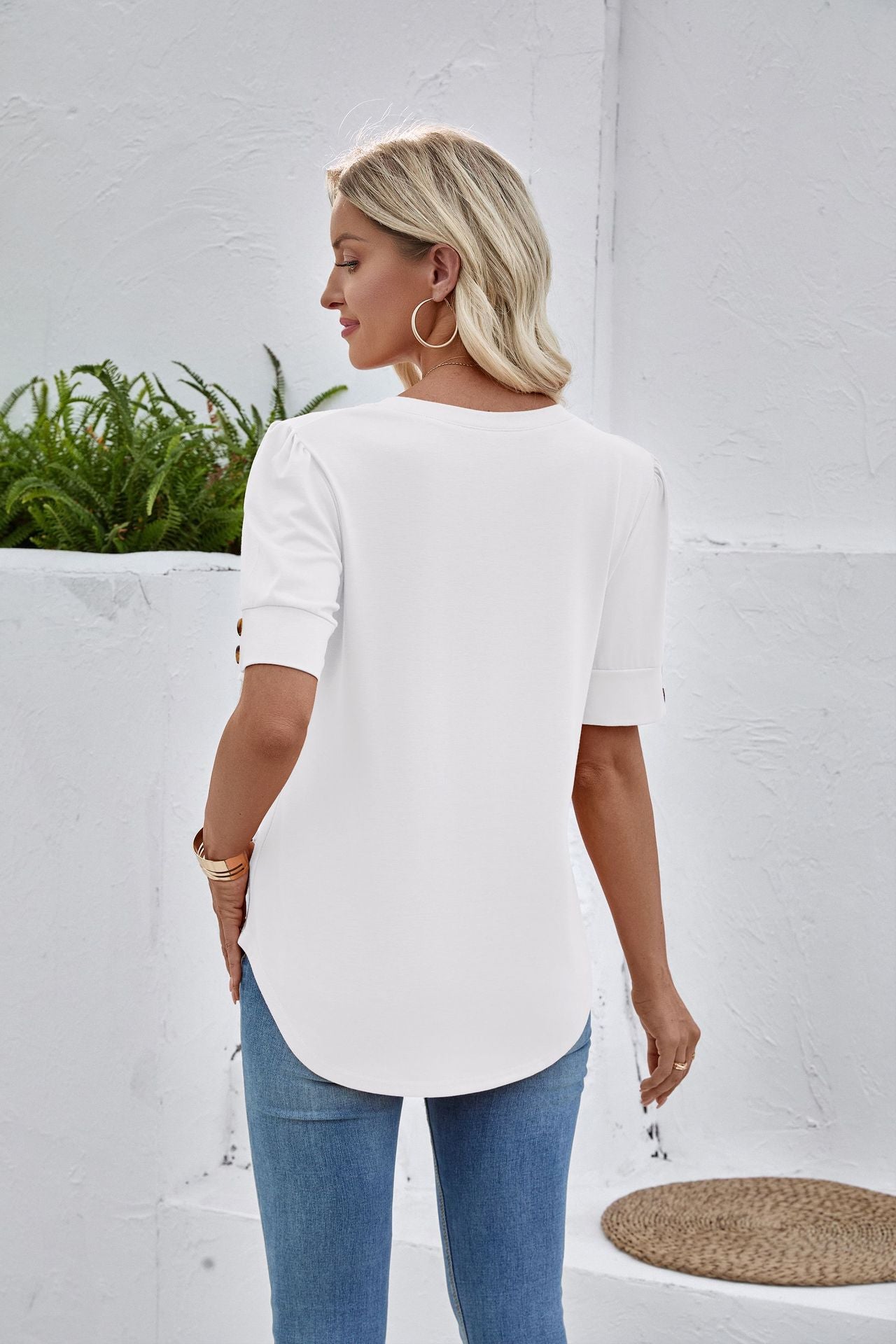 Solid Color V Neck Button Sleeve Puff Top Casual Tee