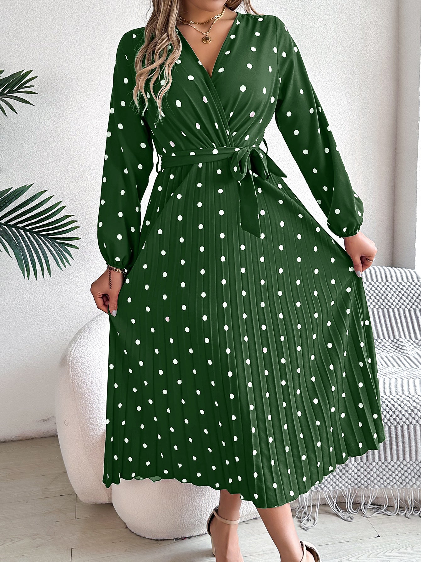 Elegant Polka Dot Cross-Over V-Neck Pleated Midi Dress