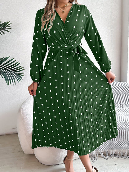 Elegant Polka Dot Cross-Over V-Neck Pleated Midi Dress