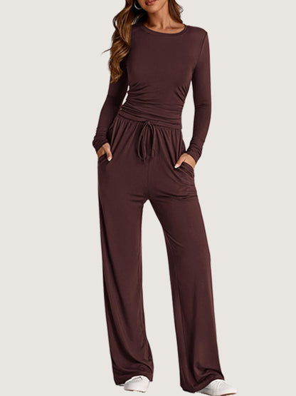 Women's Ruched Long Sleeve Top Wide Leg Pants Lounge Set