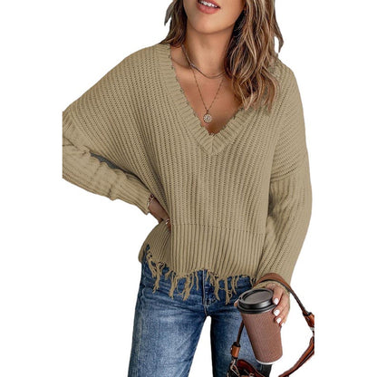Women's Oversized V Neck Frayed Hem Knit Sweater