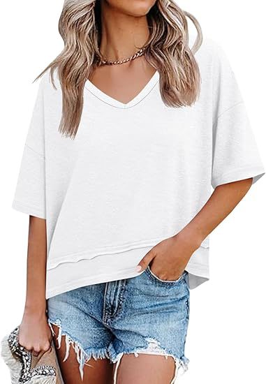 V Neck Loose Fit Tee Casual Short Sleeve Summer Top