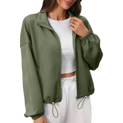Quilted Zip Sweatshirt Drawstring Cropped Jacket