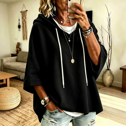 Women's Oversized V Neck Hoodie 3/4 Sleeve Solid Top