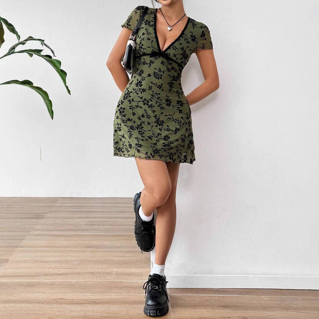Sexy Floral Mesh Dress with Deep V and Short Sleeves