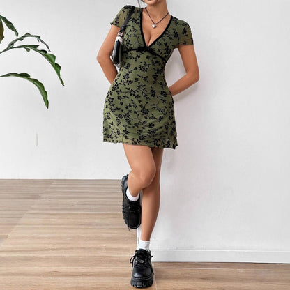 Sexy Floral Mesh Dress with Deep V and Short Sleeves