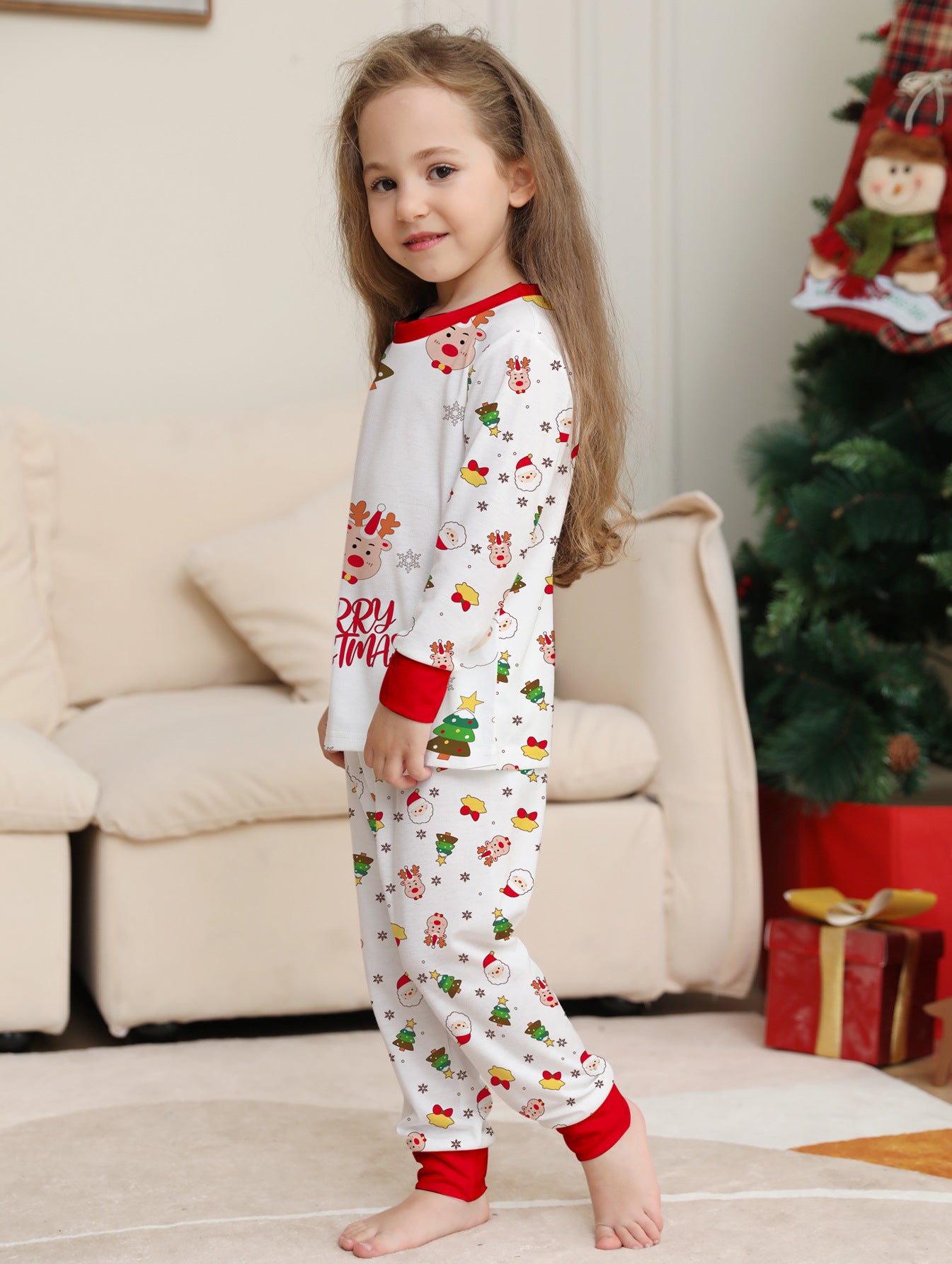 Christmas Cartoon Solid Color Christmas Tree Print Parent-child Christmas Pajamas