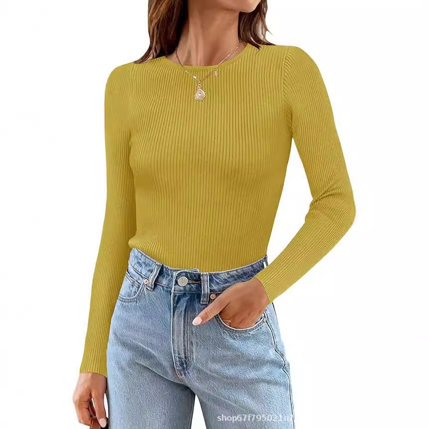 Women's Basic Ribbed Crew Neck Long Sleeve Knit Top