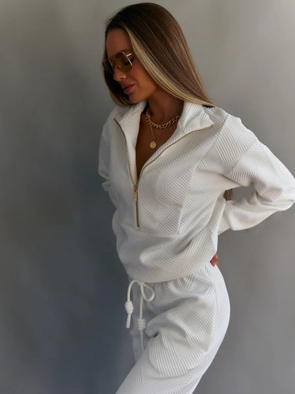 Women's Textured Half Zip Sweatshirt Jogger Set
