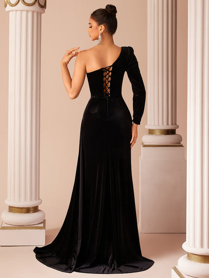 One Shoulder Velvet Rhinestone Slit Evening Gown