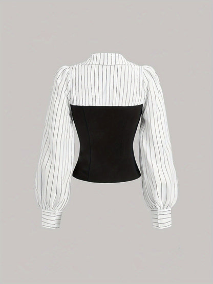 Striped Colorblock Corset Blouse Collared Puff Sleeve Top