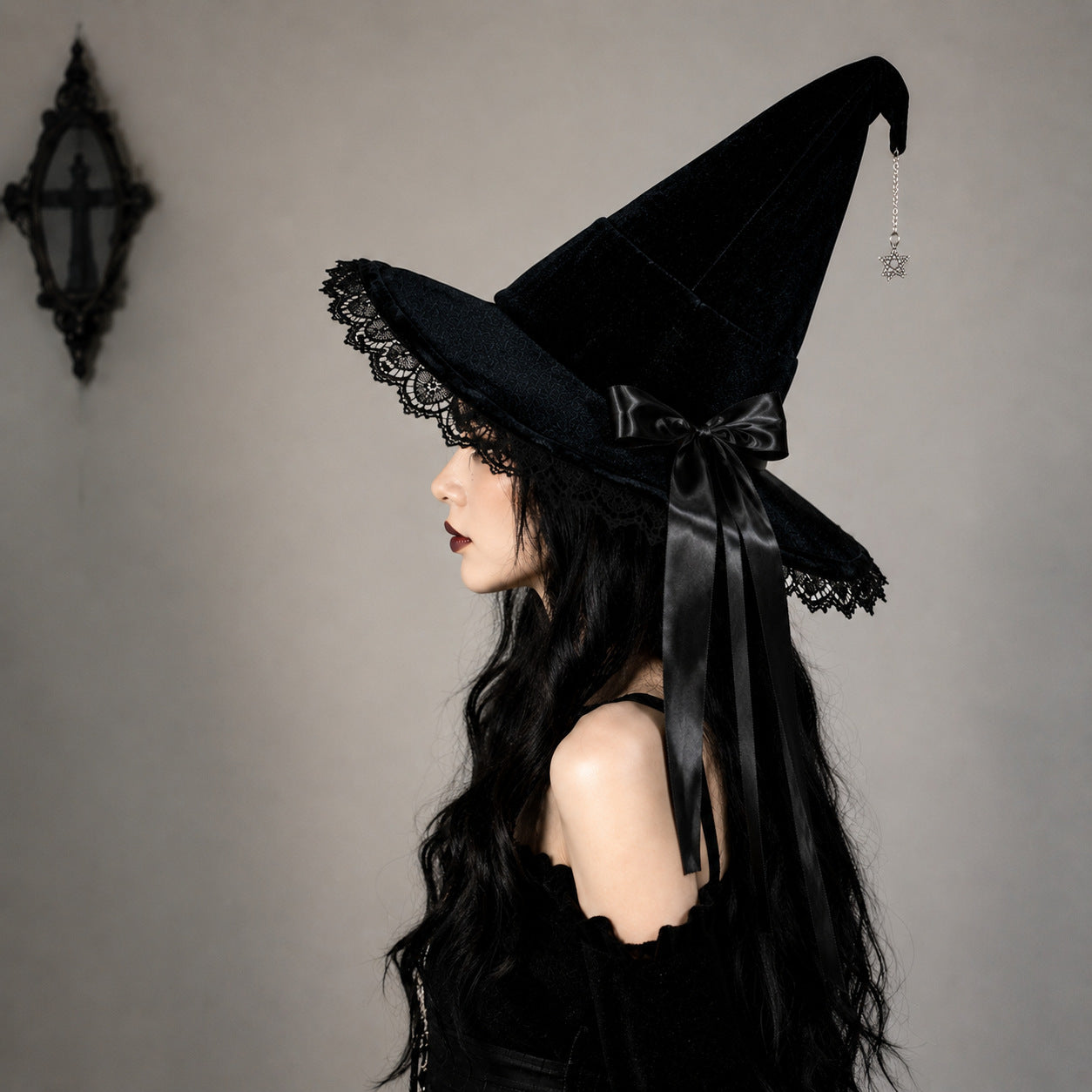 Gothic Velvet Witch Hat with Lace Brim and Satin Bow