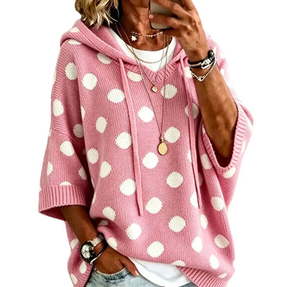 Women's Polka Dot Hooded Knit Sweater Oversized 3/4 Sleeve