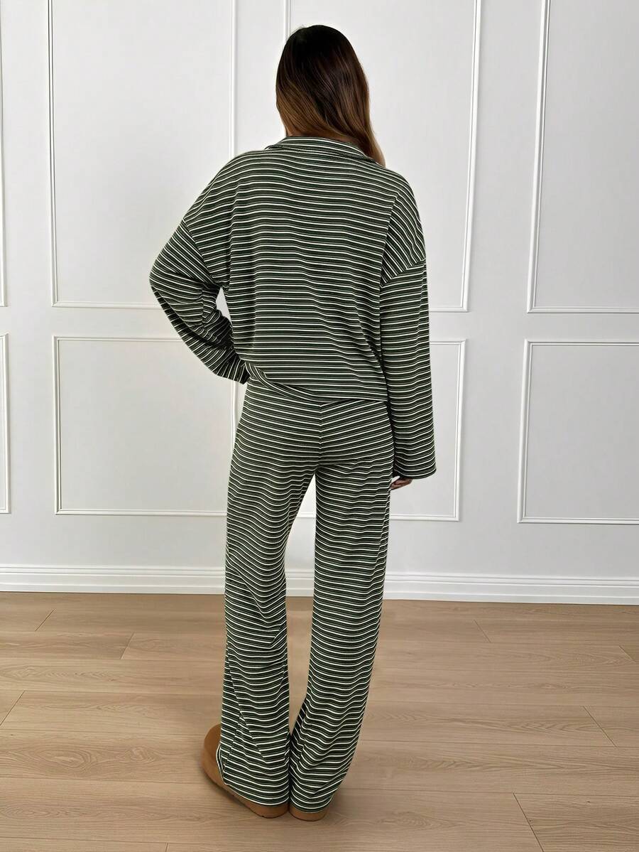 Striped Lounge Set Women Collared Pullover Wide Leg Pants