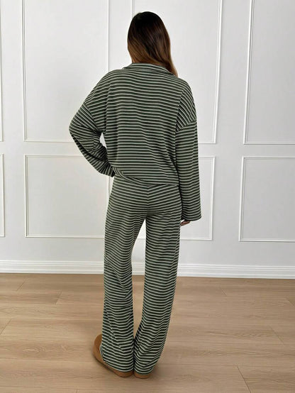 Striped Lounge Set Women Collared Pullover Wide Leg Pants
