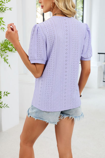 V Neck Lace Trim Puff Sleeve Blouse Casual Summer Top