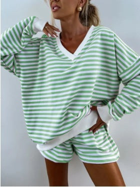 Striped V Neck Shorts Set Resort Lounge Two Piece