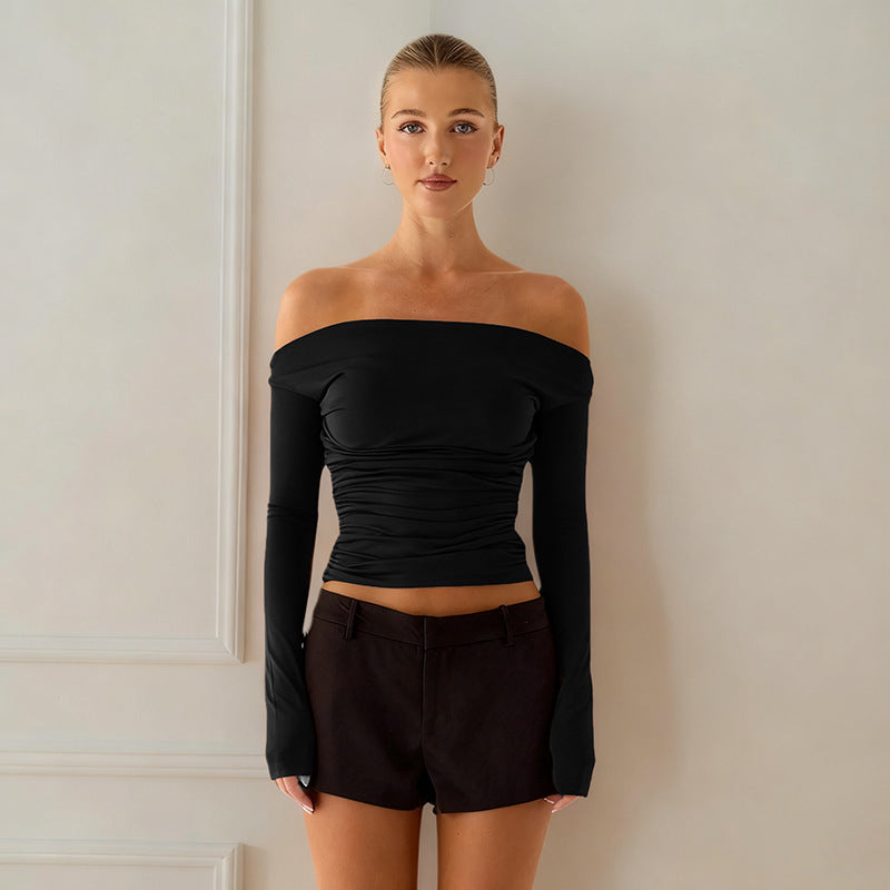 Women's Off Shoulder Ruched Long Sleeve Fitted Crop Top