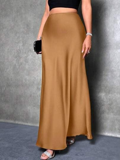 Women's Satin Maxi Skirt High Waist Flowy