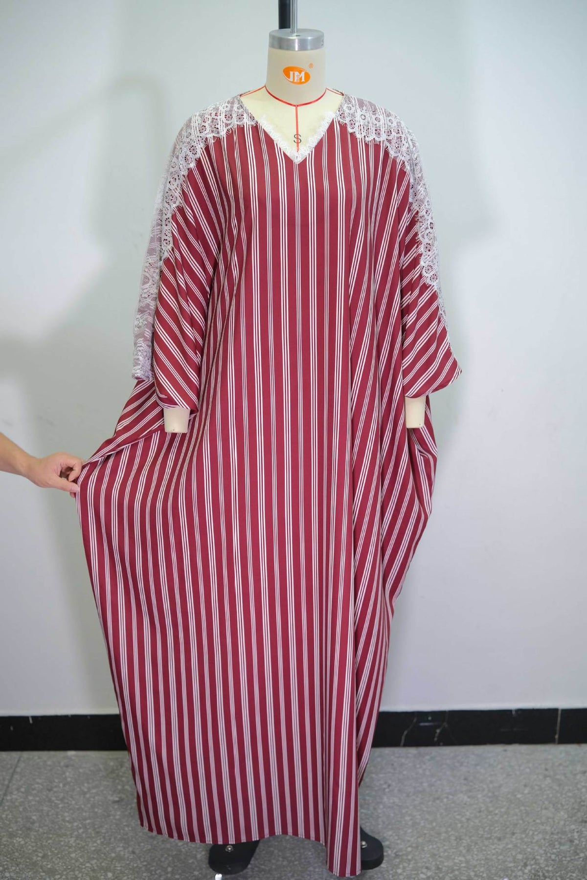 Striped Lace V-Neck Long Sleeve Maxi Dress