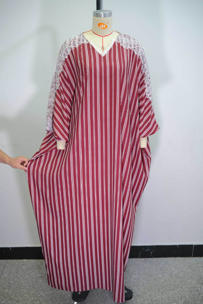 Striped Lace V-Neck Long Sleeve Maxi Dress