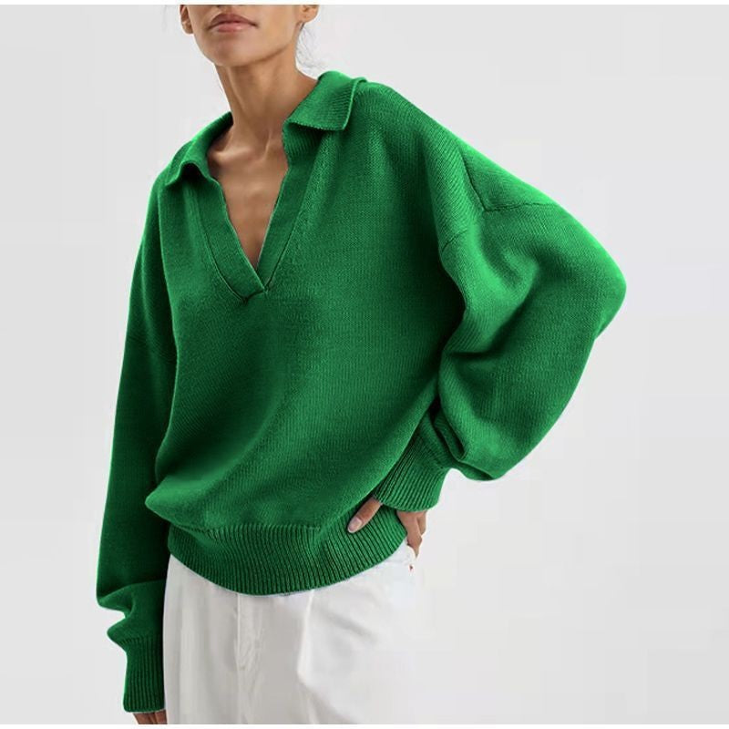 Women's Oversized Polo Collar Knit Sweater Pullover