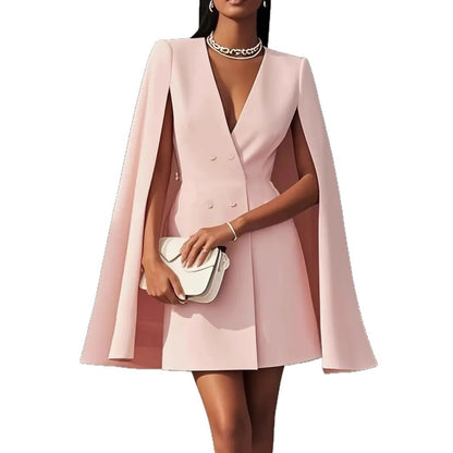 Women Cape Blazer Dress Double Breasted Formal Work Dress