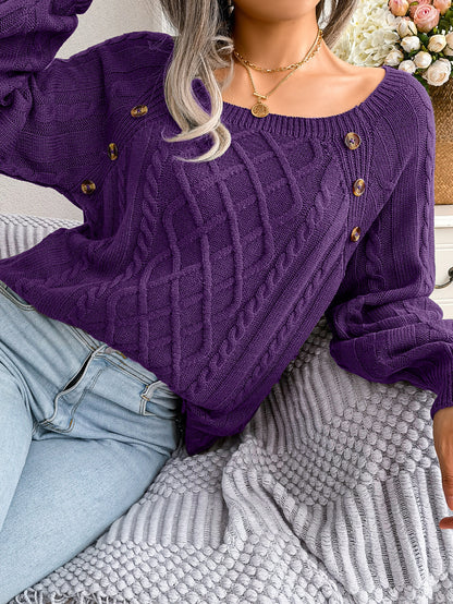 2025 Fall Winter Casual Square Neck Button Detail Cable Knit Sweater