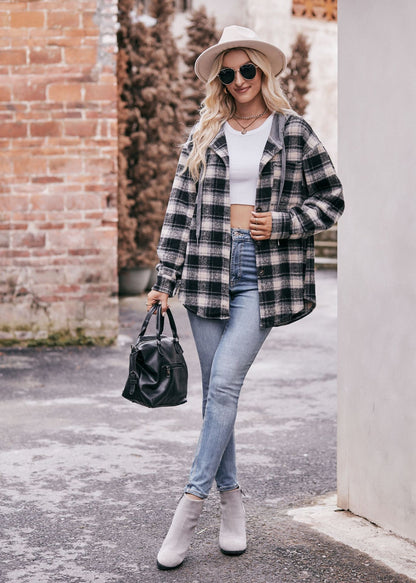 Plaid Hooded Shacket Jacket Oversized Fall Flannel Coat