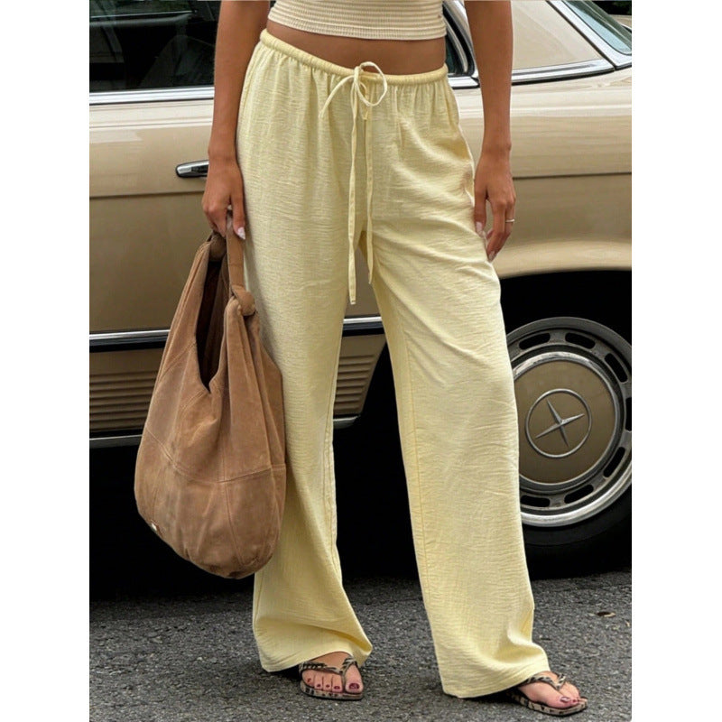 Women Wide Leg Pants Drawstring Elastic Waist Pockets