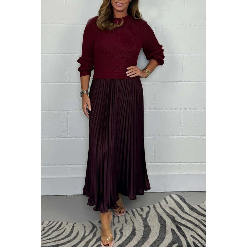Women's Colorblock Ribbed Pleated Maxi Dress Long Sleeve
