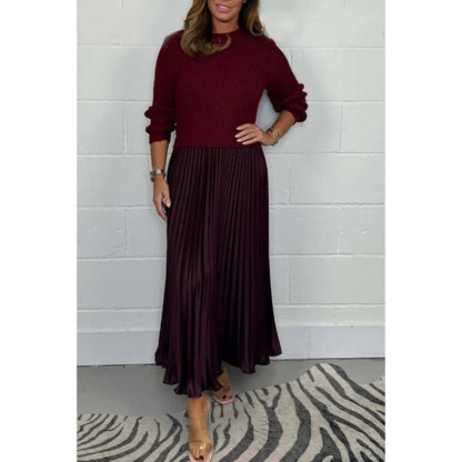 Women's Colorblock Ribbed Pleated Maxi Dress Long Sleeve