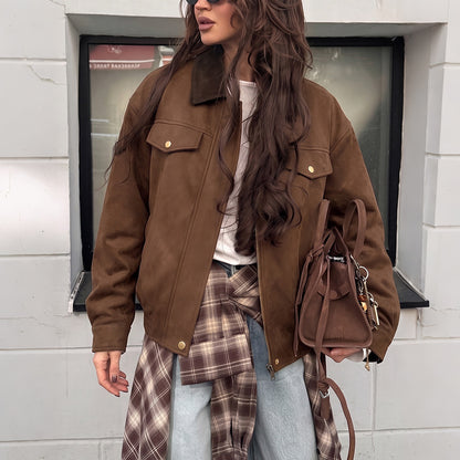 Faux Suede Contrast Collar Zip Front Utility Jacket
