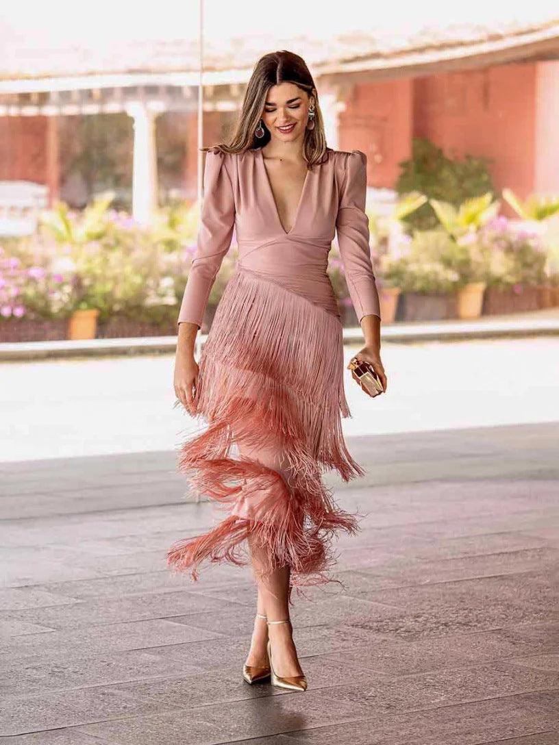 Fringe Maxi Dress Deep V Neck Long Sleeve Bodycon Party