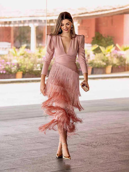 Fringe Maxi Dress Deep V Neck Long Sleeve Bodycon Party