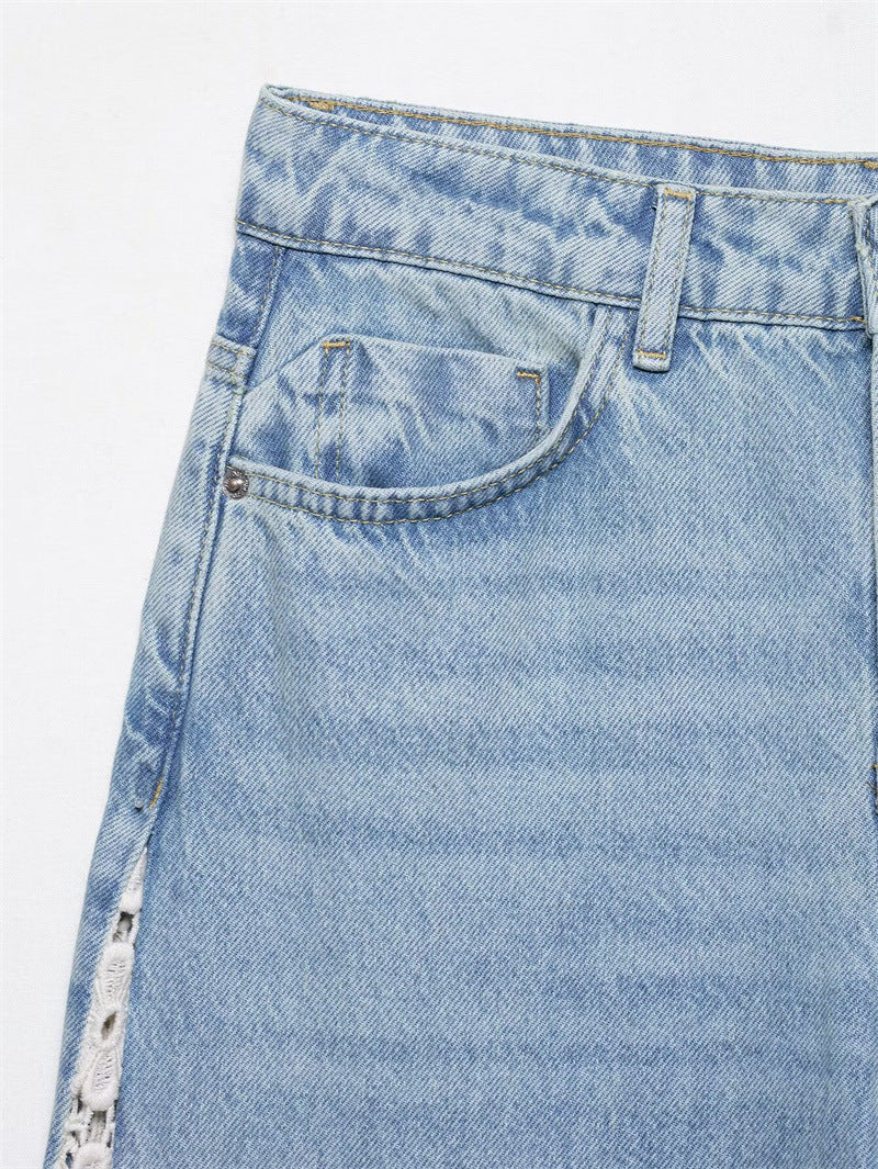 Women's High Waisted Wide Leg Jeans Crochet Panel