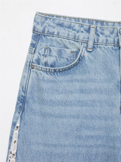 Women's High Waisted Wide Leg Jeans Crochet Panel