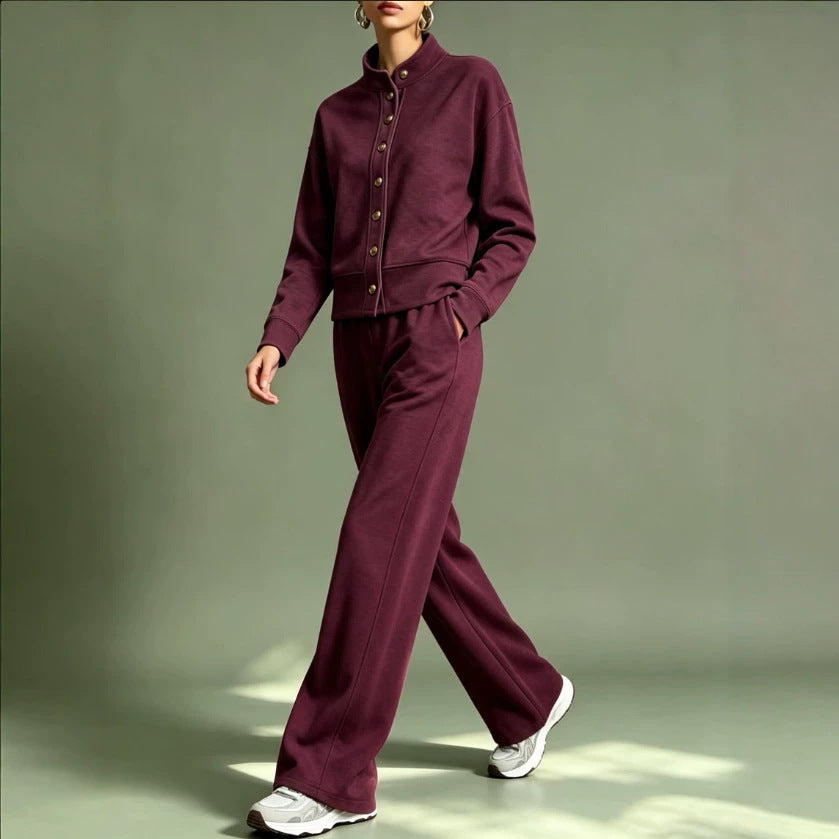 Women's Button Front Sweatshirt Wide Leg Pants Lounge Set