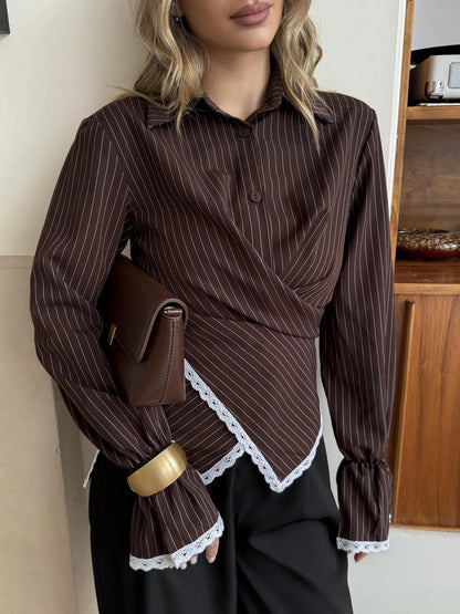 Striped Wrap Shirt with Lace Trim Long Sleeves
