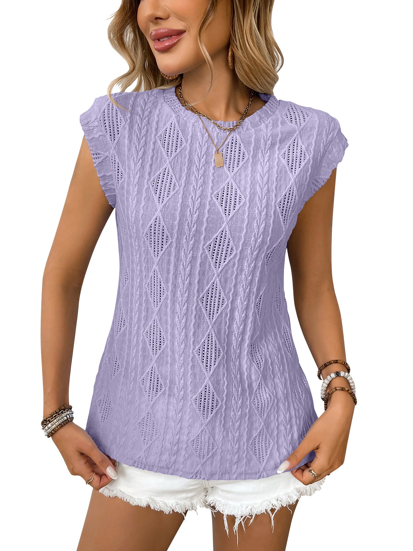 Women's Jacquard Sleeveless Top – Casual Summer Tank Blouse