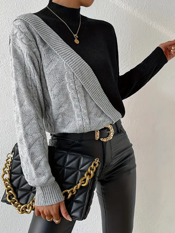 Women's Colorblock Mock Neck Cable Knit Sweater