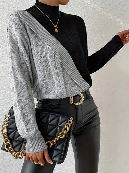 Women's Colorblock Mock Neck Cable Knit Sweater