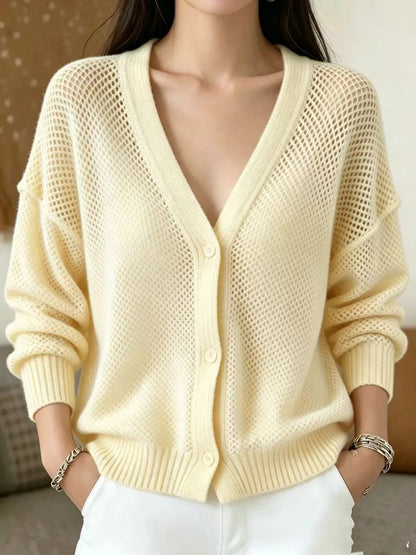 Women's V-Neck Pointelle Knit Cardigan Sweater Button Front