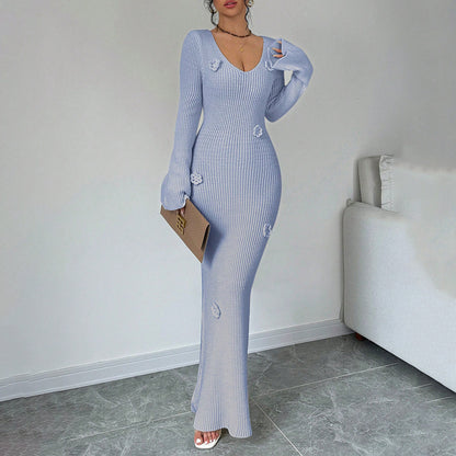 Sexy V Neck Ribbed Knit Bodycon Maxi Dress 3D Floral