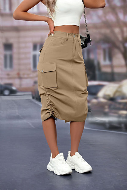 Women's High-Waist Cargo Midi Skirt with Pockets, Drawstring Hem
