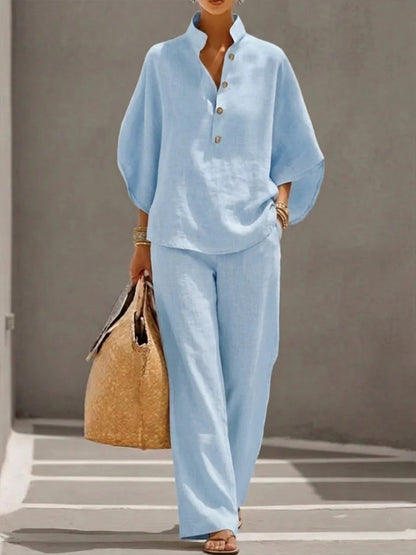 Womens Linen Blend Shirt & Wide Leg Pants Matching Set