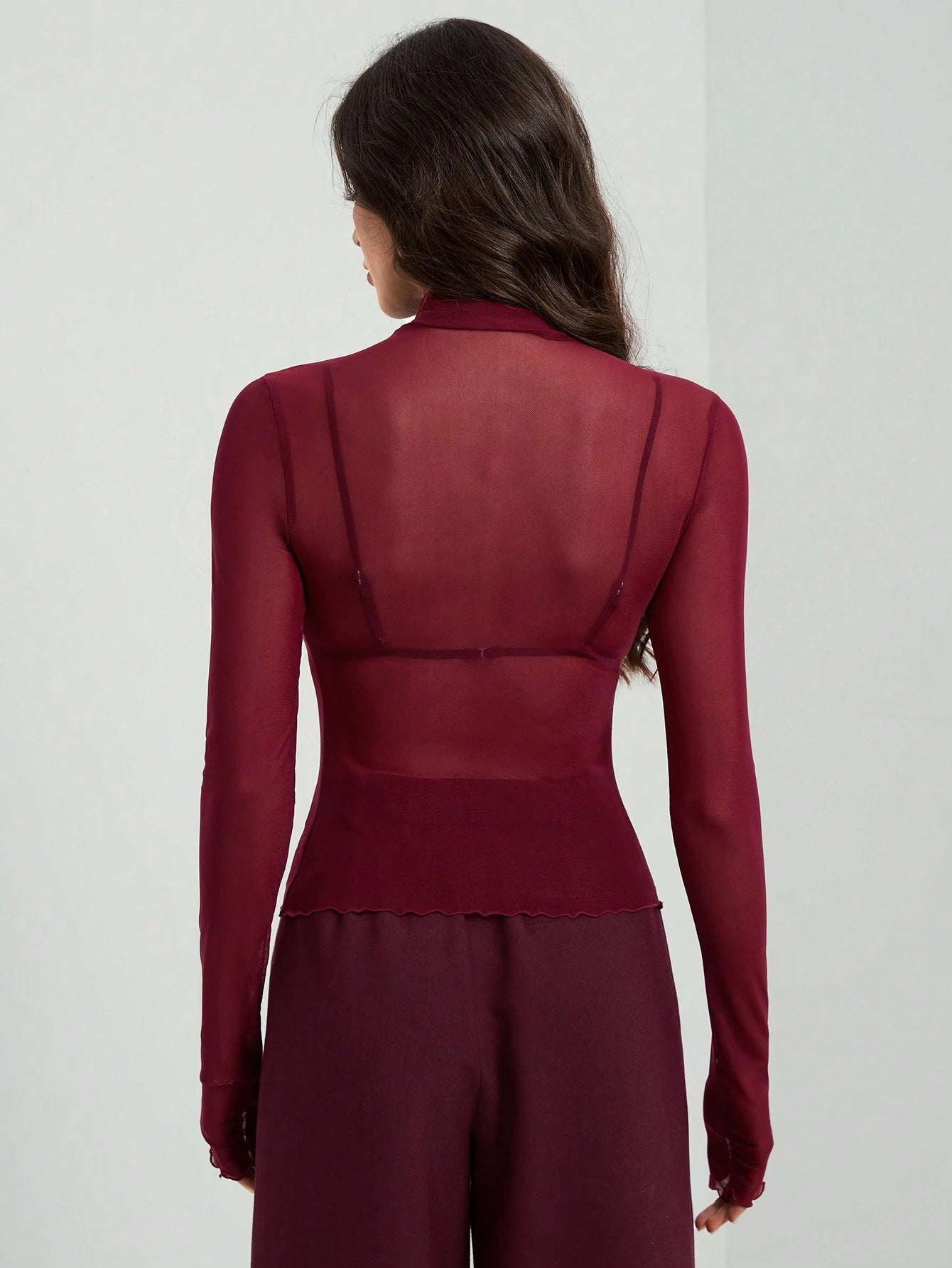 Solid Mesh Turtleneck Top Long Sleeve Fitted Blouse